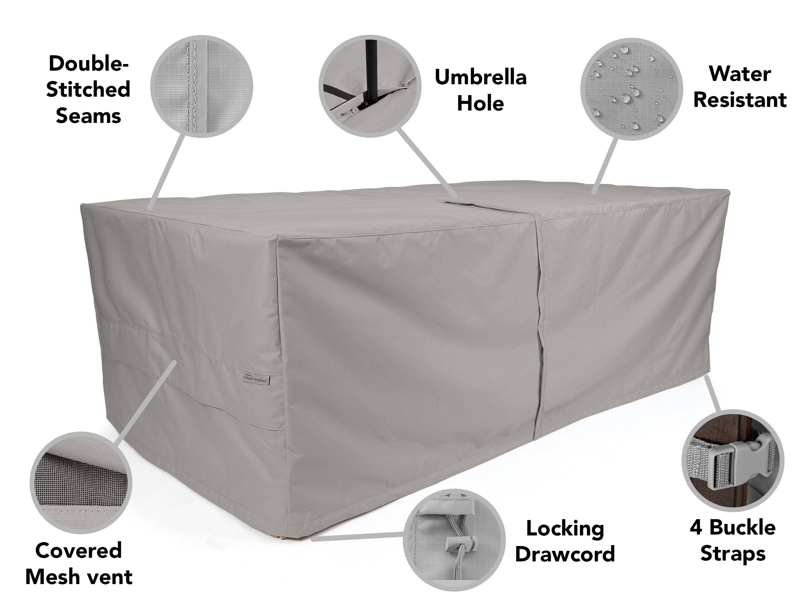 Custom Square/Rectangular Patio Table Cover with Umbrella Hole - Weatherproof, 7 Yr Warranty - Ultima Ripstop, Ripstop Grey