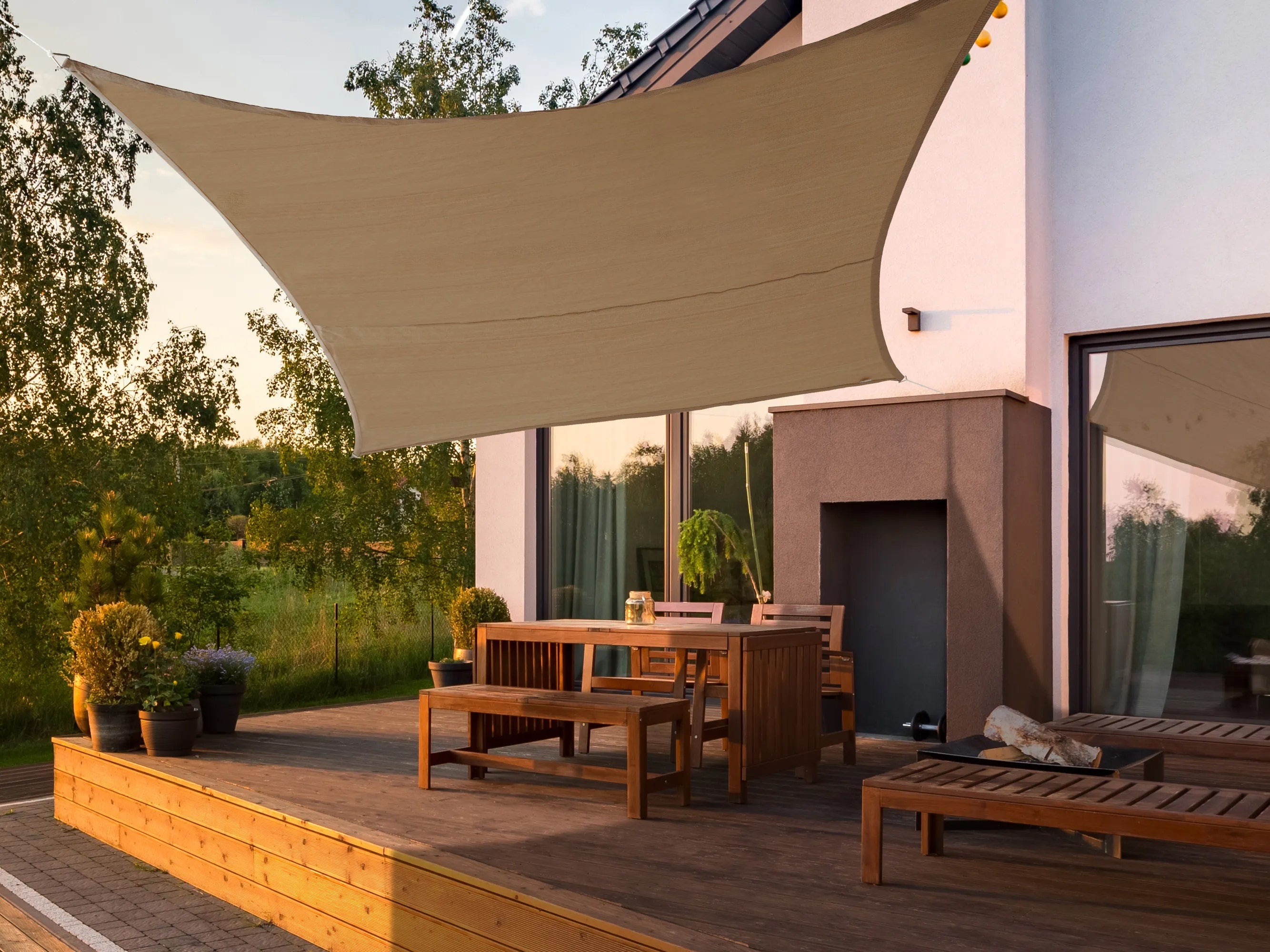 Custom Square/Rectangular Shade Sail - Heavy-Duty Knit Shade Fabric, High UV-Resistance, 2 Yr Warranty - SolarArc Flex, Coastal Tan