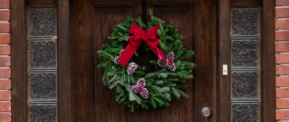 Wreath hanging on a front door