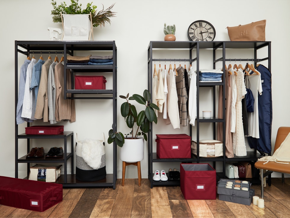 Closet organized with Coverstore storage boxes and bags