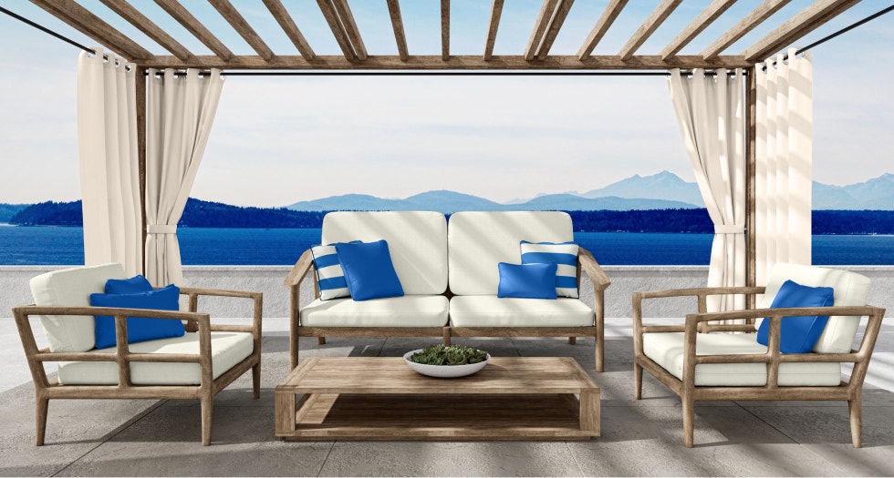 Beautiful outdoor cushions on patio furniture on a balcony
