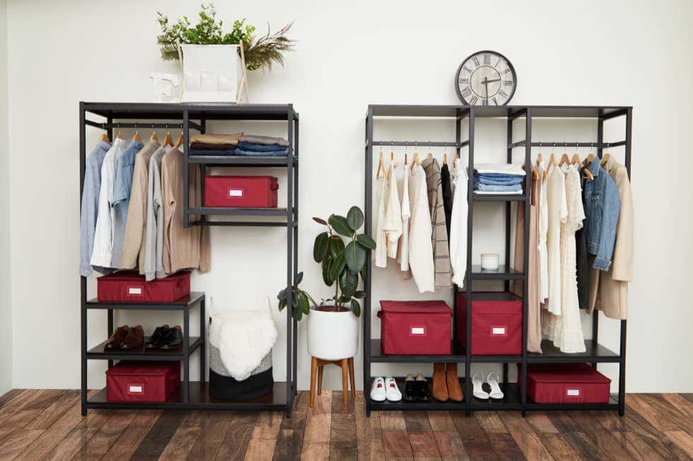 Organized closet with bins and boxes