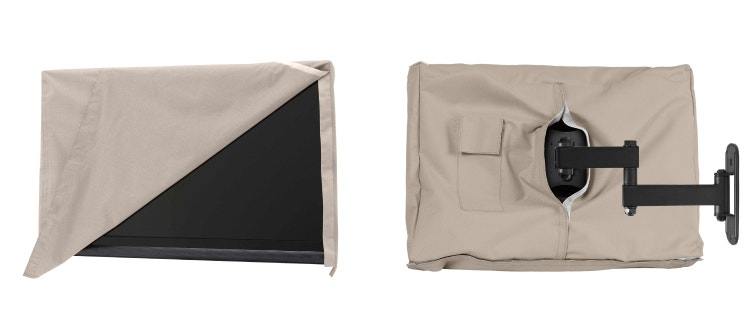 Front and back view of an outdoor TV cover that can be left on while viewing