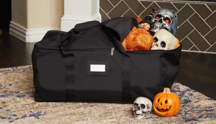 All purpose storage bag holding Halloween decorations