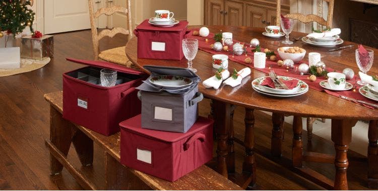 Dish storage boxes with holiday dinnerware