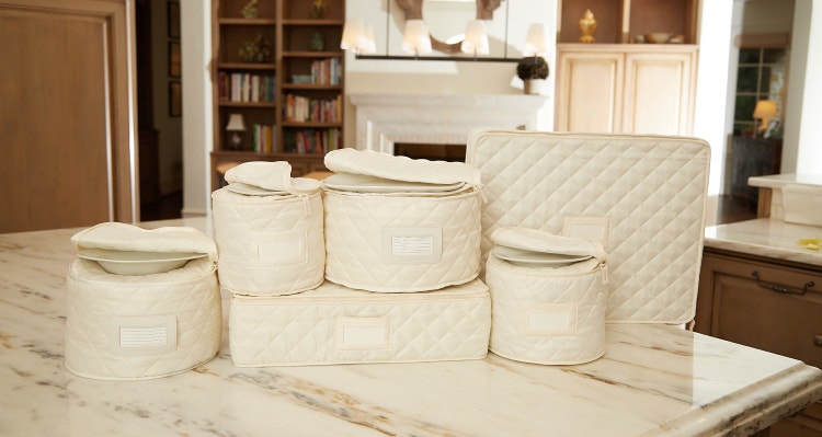 Quilted dish storage on a kitchen countertop