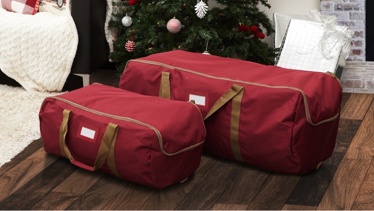 Set of two red Christmas tree duffel bags