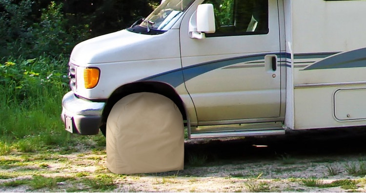 Tan tire cover on an RV