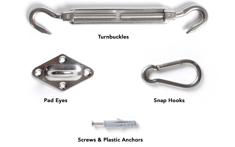 Shade sail hardware kit with a turnbuckle, pad eye, snap hook, screw, and plastic anchor