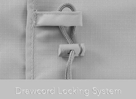 Drawcord locking systems provide a secure fit through extreme weather conditions. Drawcord locking system on an outdoor furniture cover