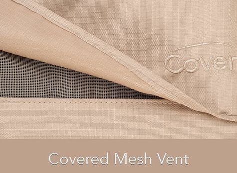 Covered mesh vents provide breathability to prevent mold and mildew. Covered mesh vent on an outdoor furniture cover